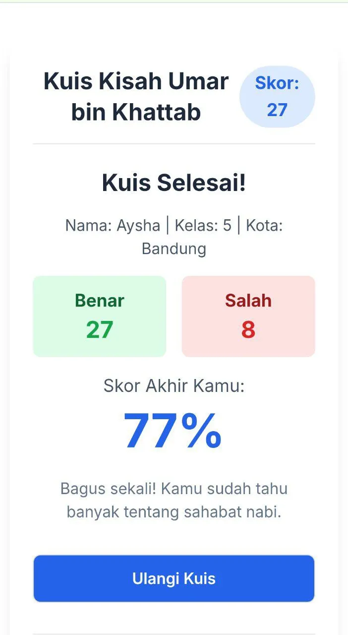 Tampilan hasil evaluasi kuis interaktif
